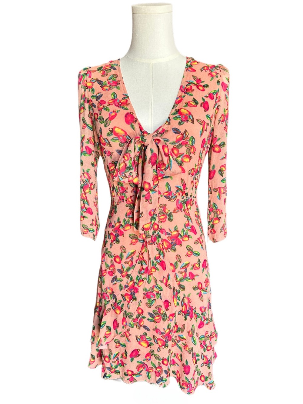 LAST CHANCE | FARM Rio Fruit Print Tie Front Ruffle Mini Dress XS - Picture 3 of 8